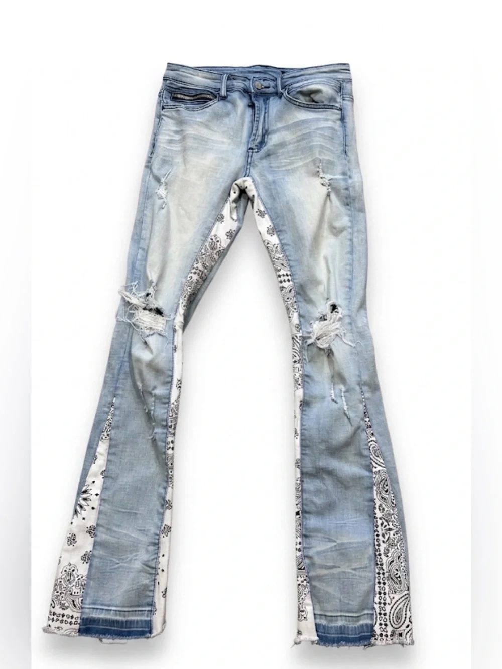 Rockstar Original Mens Bandana Flare Jeans Light Wash Distressed Blue 30x31.5